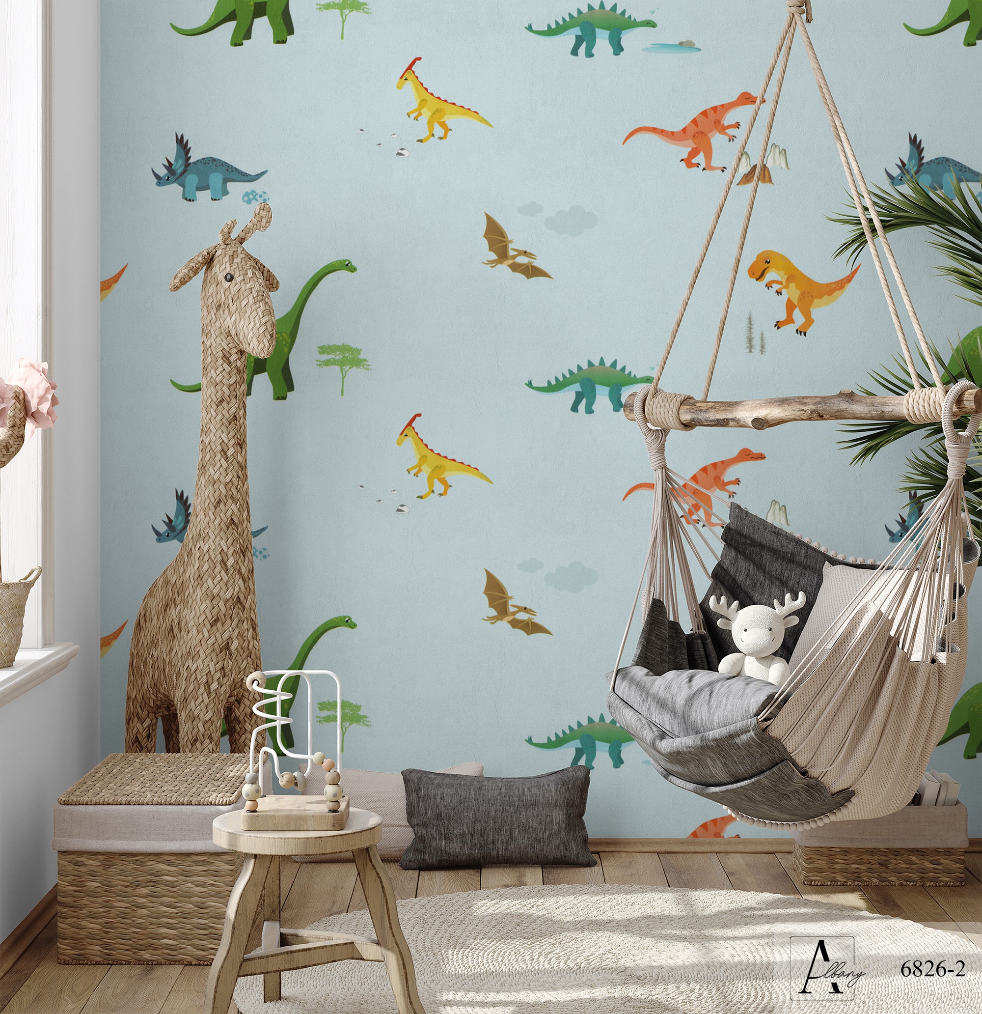 Giấy dán tường phòng trẻ em hình khủng long Albany 6826-2 